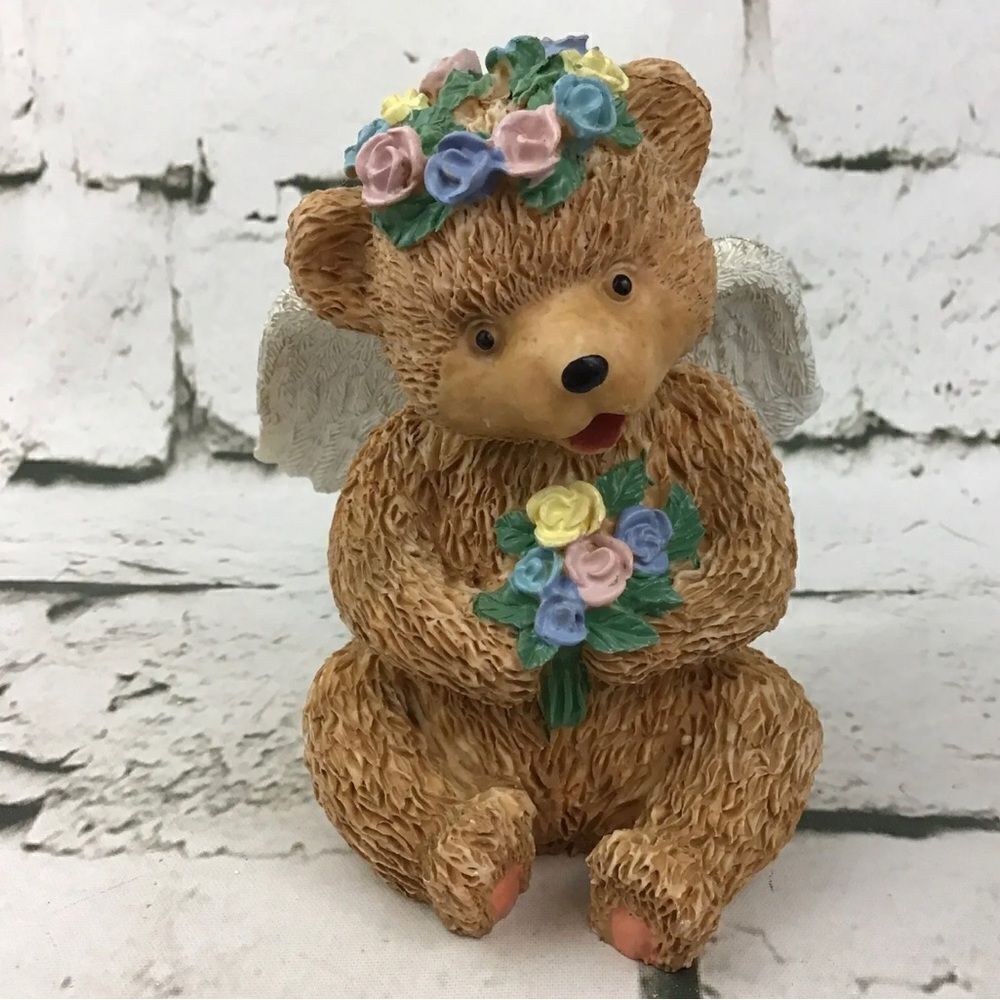 4.5” Teddy Bear Angel Resin Figurine With Floral Crown Collectible Decor